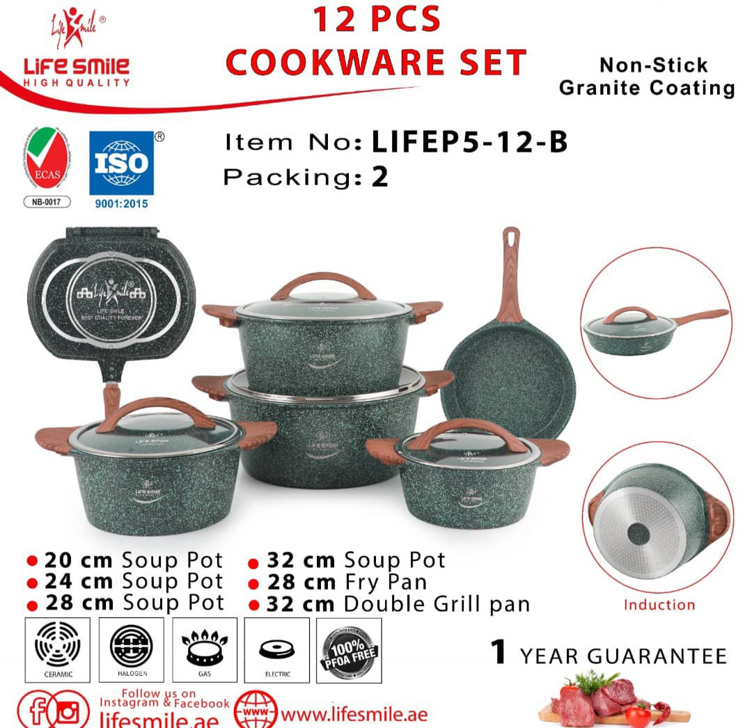 سرویس قابلمه گرانیتی 12 پارچه لایف اسمایل رنگ سبز ونارنجی مدل LIFEP5 12