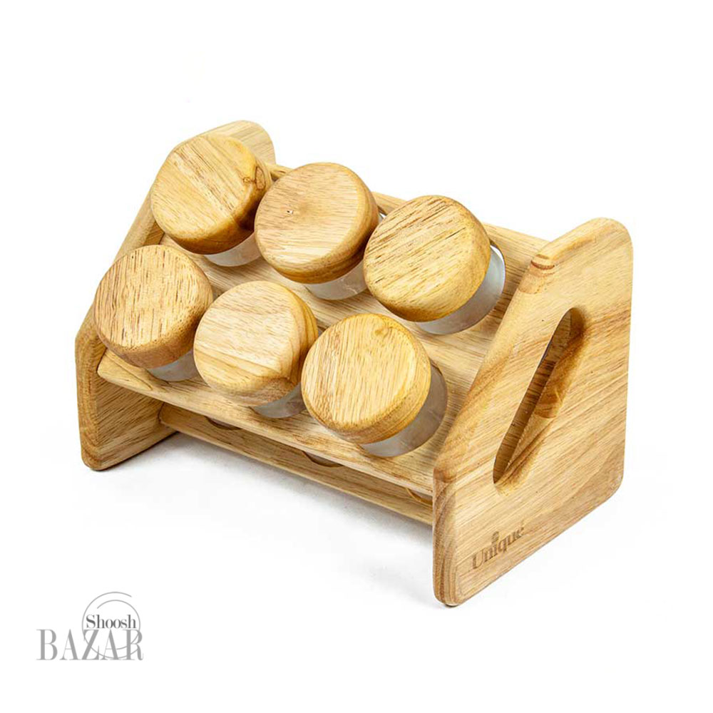 ست جا ادویه 6 تایی پایه کج چوبی یونیک کد 6101