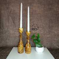 شمعدان چوبی خراطی دو قلو با چوب محکم رنگ مات و براق