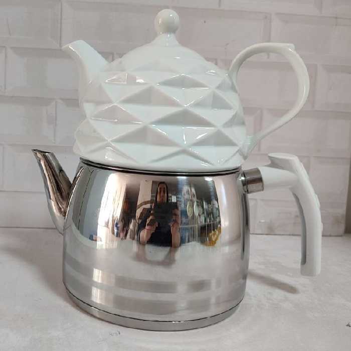 کتری قوری اف آر کتری قوری رو گاز استیل دسته عصایی سفید 101 ضدزنگ کف چدن قوری شکس