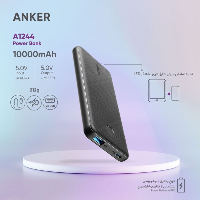 شارژر همراه انکر مدل A1244 ظرفیت 10000 میلی آمپر ساعت