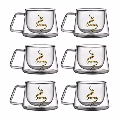 لیوان مدل دوجداره دسته دار طرح کافی کد 250 بسته 6 عددی