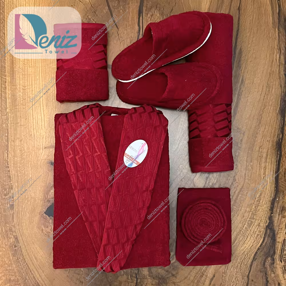 حوله ست یک نفره 6 تکه طرح آرام رنگ زرشکی