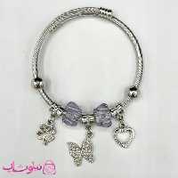 دستبند زنانه پاندورا طرح پروانه بنفش نقره ای کد 75