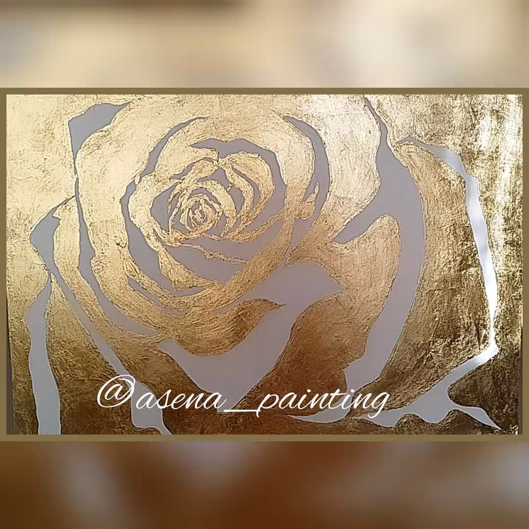 تابلو طرح برجسته گل رز کارشده با ورق طلا و تکسچر و رنگ اکرولیک
