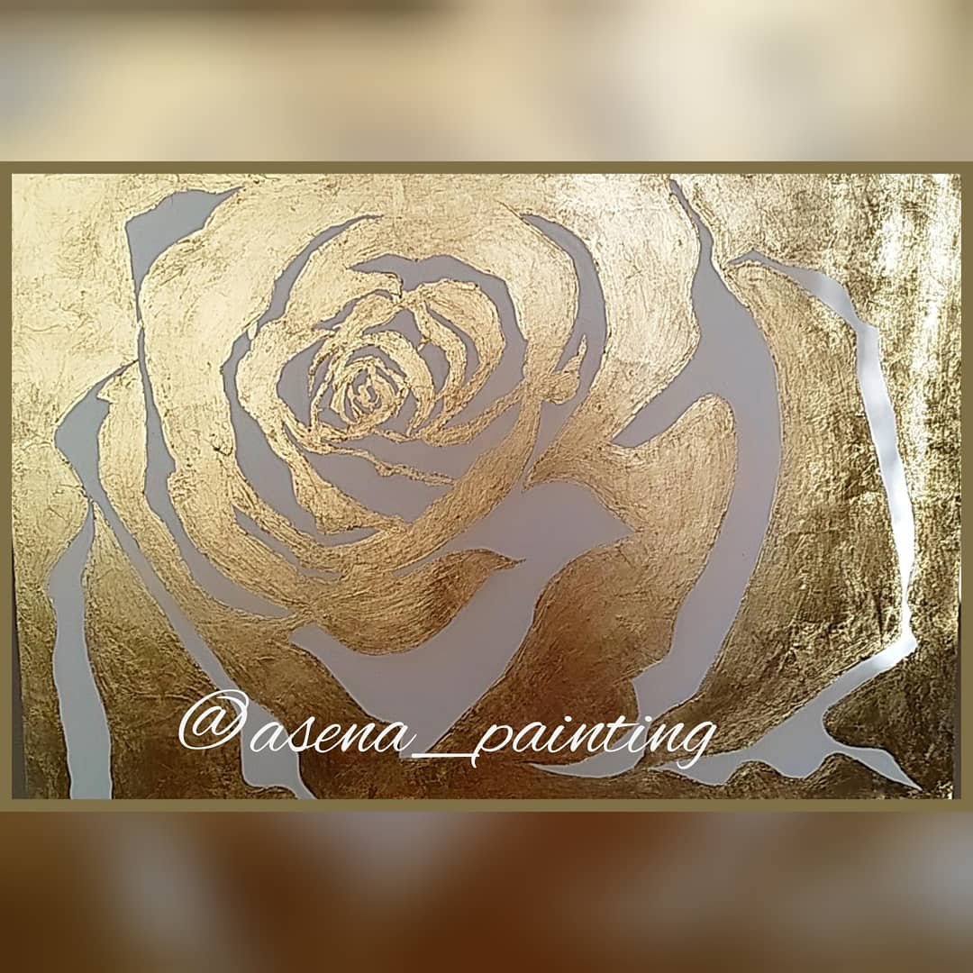 تابلو طرح برجسته گل رز کارشده با ورق طلا و تکسچر و رنگ اکرولیک