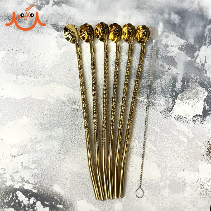 قاشق شربت نی دار استیل فالکون رنگ طلایی