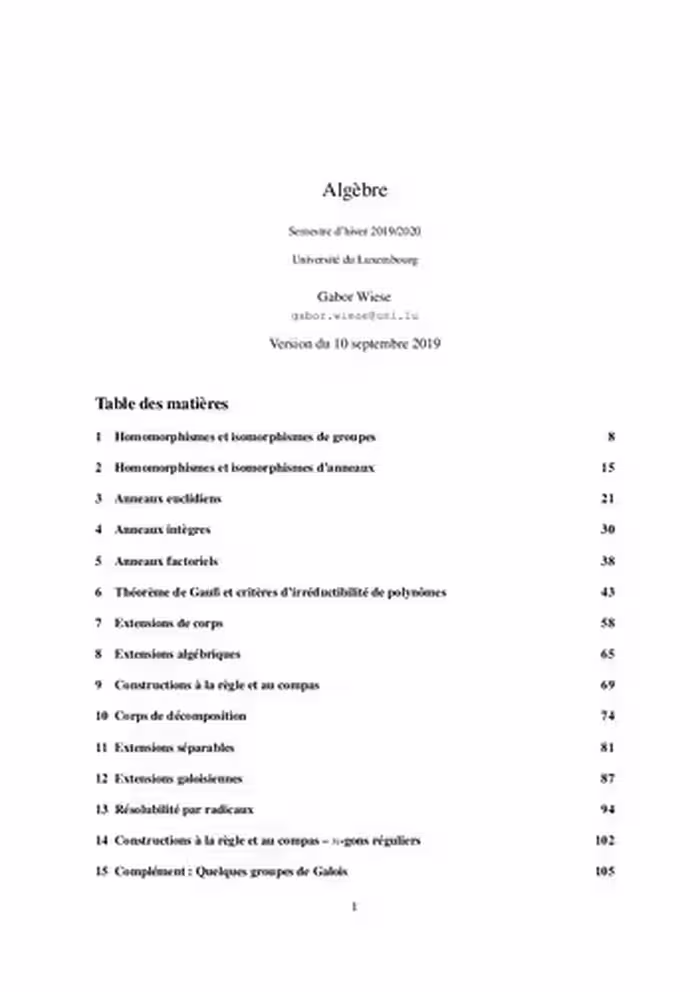 خرید و دانلود نسخه کامل کتاب Algèbre: Semestre d’hiver 2019/2020