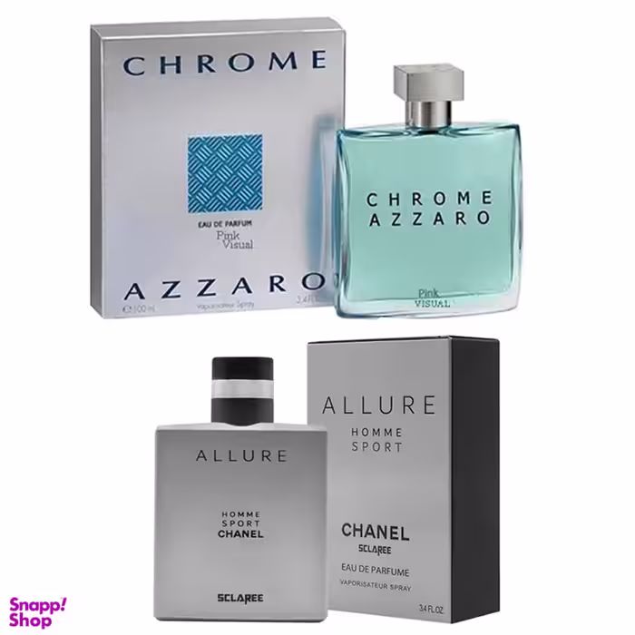 ادوپرفیوم مردانه پینک ویژوآل مدل azzaro Chrome به همراه ادوپرفیوم مردانه اسکلاره مدل Allure Chanel