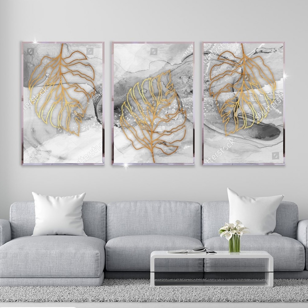 تابلو دکوراتیو  برگ درخت طلایی فانتزی با زمینه سفید سه تکه 