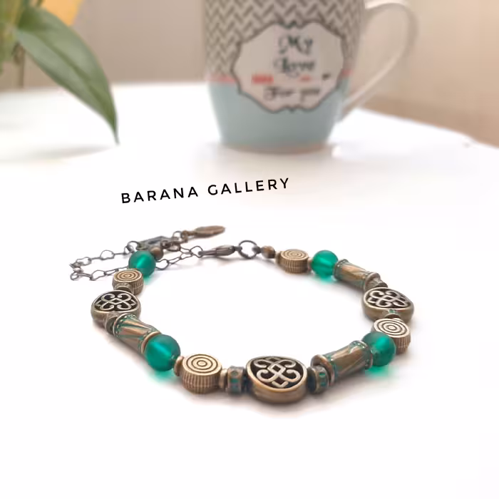 دستبند سنتی سنگ اونیکس سبز آویزدار زنجیری 