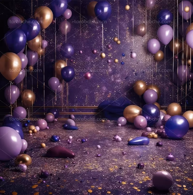 بک دراپ عکاسی تولد با بادکنک بنفش | گرافیک با طعم تربچه
