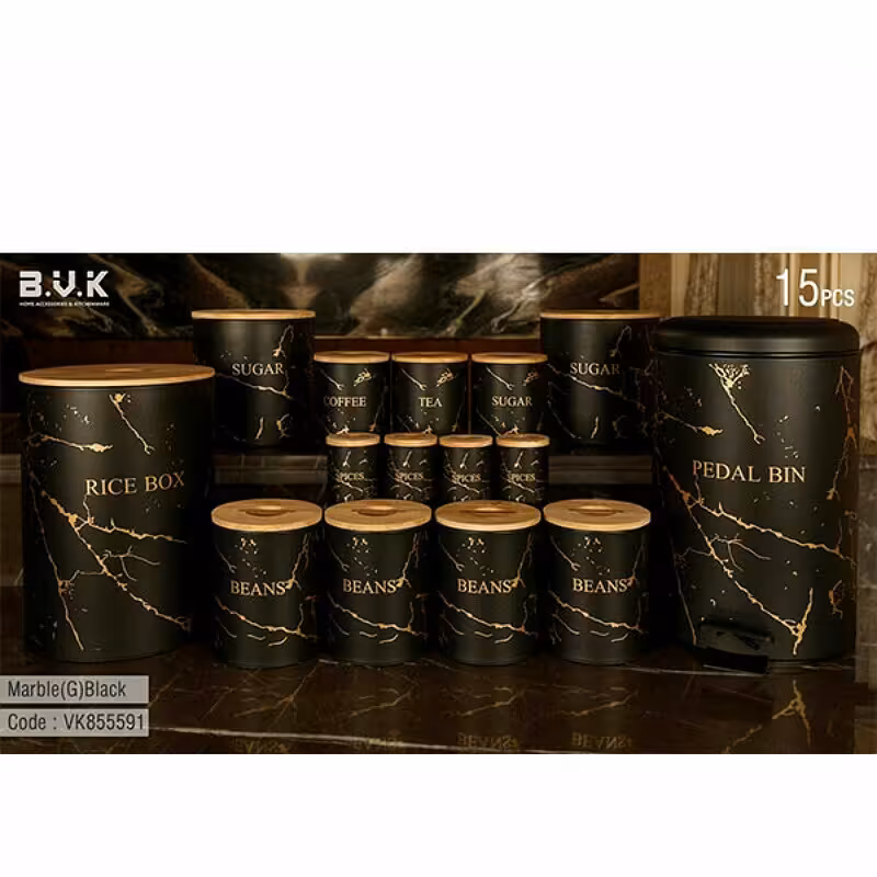 سرویس آشپزخانه 15 پارچه درب بامبو (BVK ) طرح ماربل مشکی طلایی