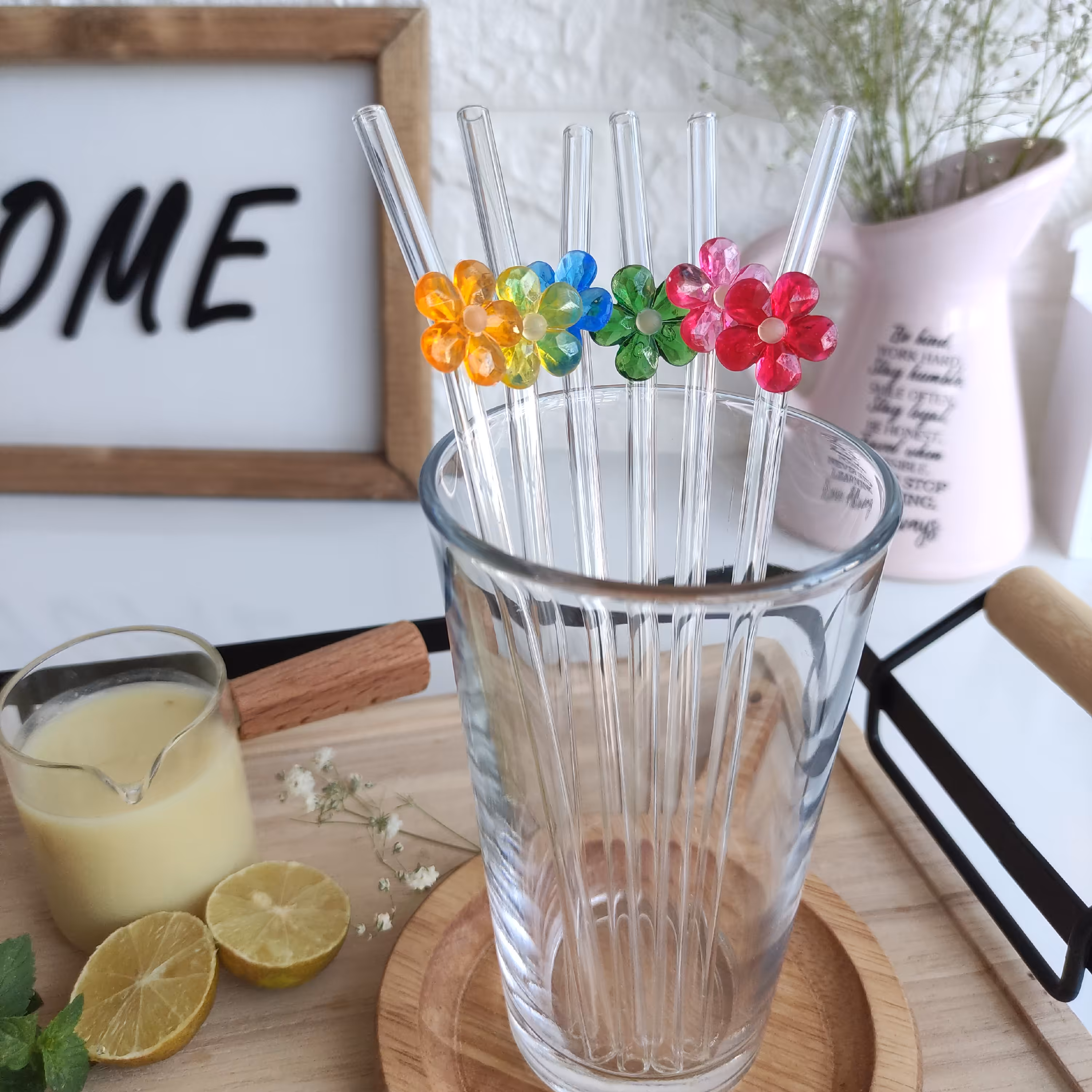 نی شیشه ای شکوفه دار 6 عددی رنگارنگ نی شربت خوری 