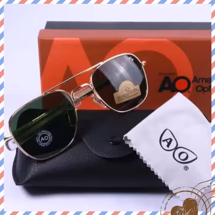 عینک آفتابی مردانه آمریکن اپتیکال اصلی با فریم نقره ای و عدسی مشکی ، دودی با کلیه متعلقات و ارسال رایگان