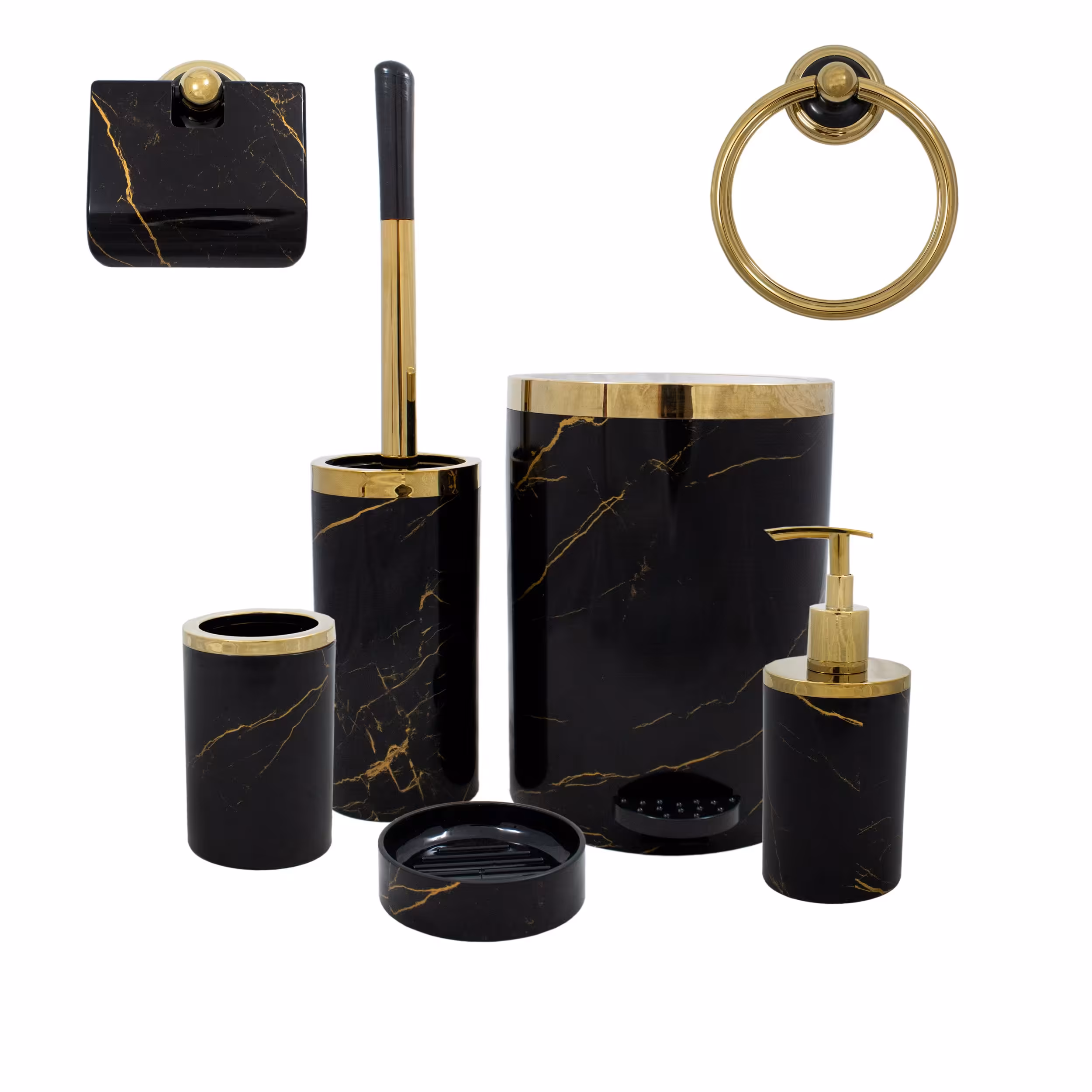 ست سرویس بهداشتی 7 پارچه روشا مدل متالیک مشکی طلا( جاصابونی هدیه)