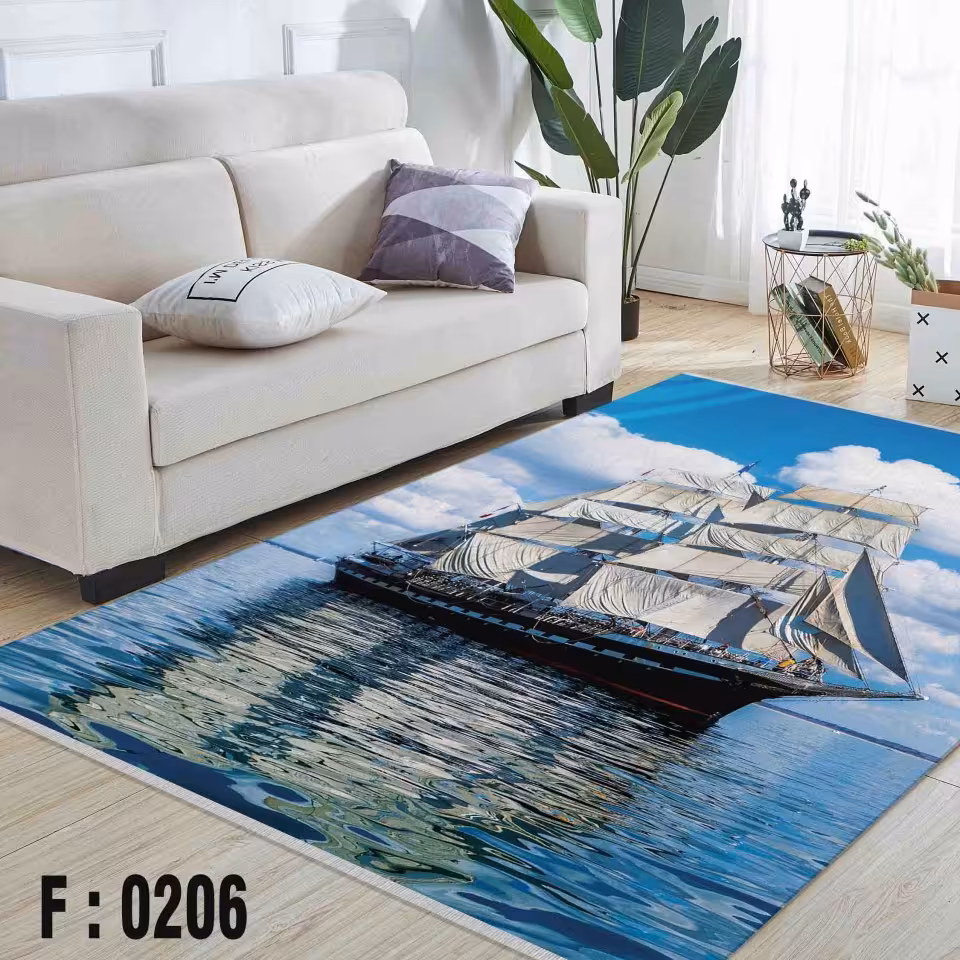 فرشینه مخمل لایکتیک سه لایه سایز 200 در 140 طرح کشتی _ ابر _ آب کد F:0206