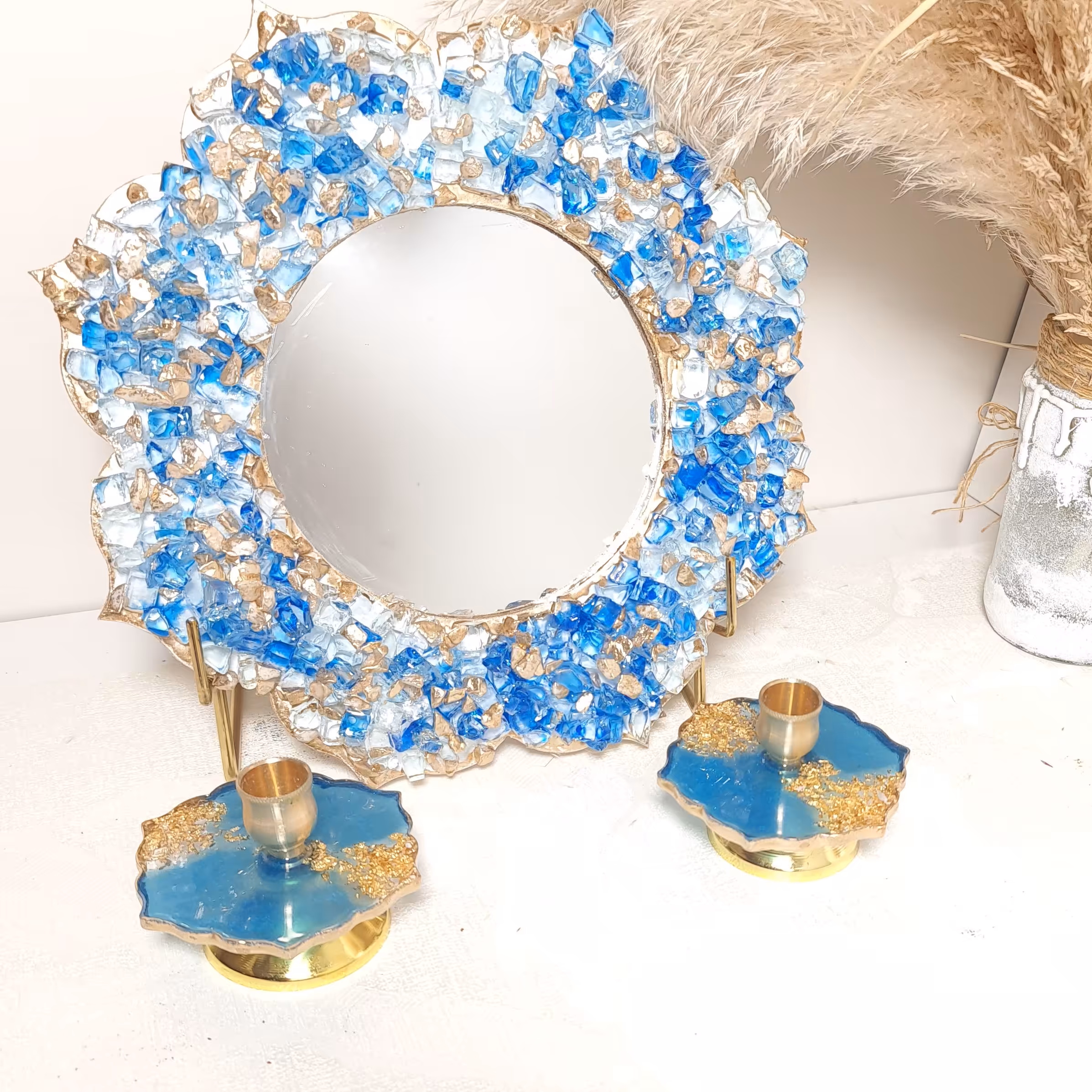 آینه قطر 30 سانت و شمعدان مناسب هفتسین آبی لاجوردی