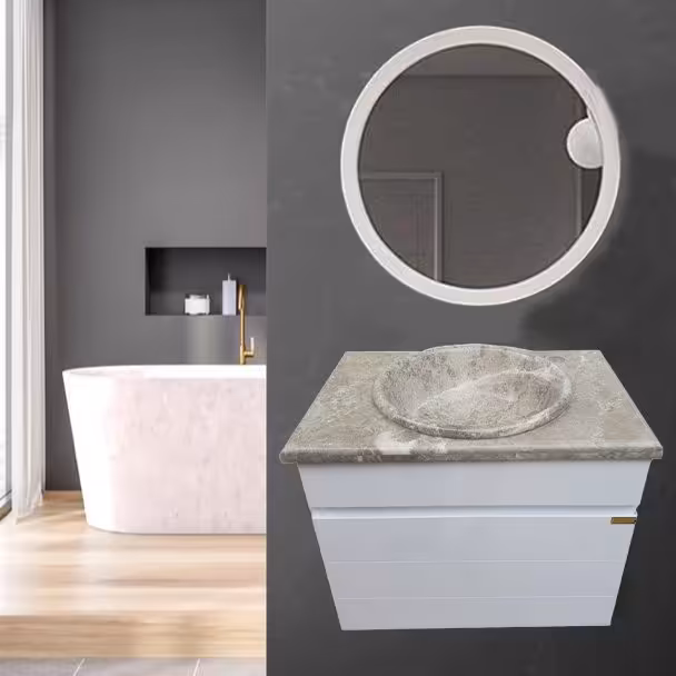 روشویی کابینتی دیواری سفید سایز50 با سنگ طبیعی طوسی توکار همراه  آینه گرد (پس کرایه)