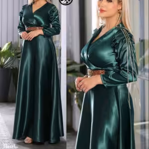 پیراهن مهمانی زنانه ساتن آمریکایی وزنجیرهای نگین دار مدل ماکسی سولین