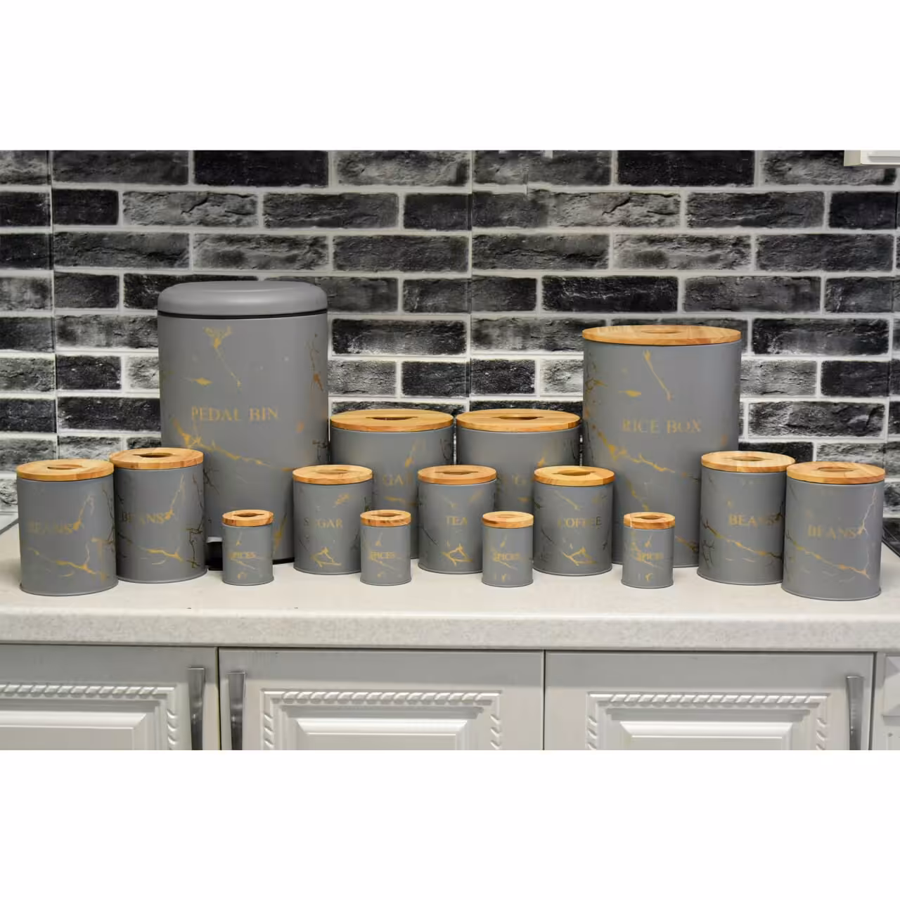 سرویس آشپزخانه 15 پارچه درب بامبو (BVK ) طرح ماربل طوسی طلایی 855595