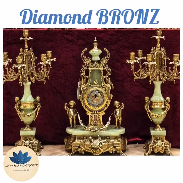 ساعت شمعدان برنز اصل با سنگ مرمریت سبز