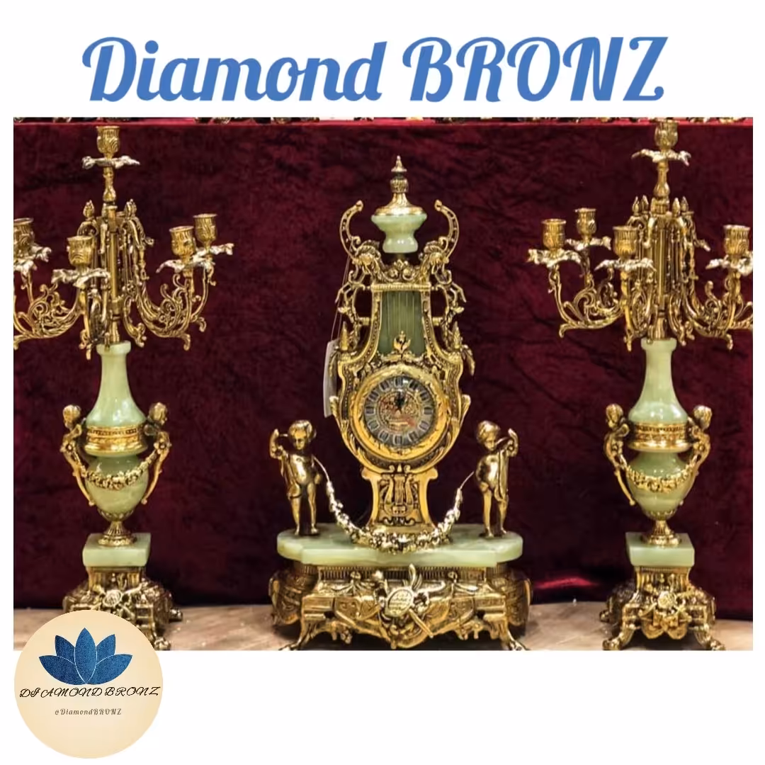 ساعت شمعدان برنز اصل با سنگ مرمریت سبز