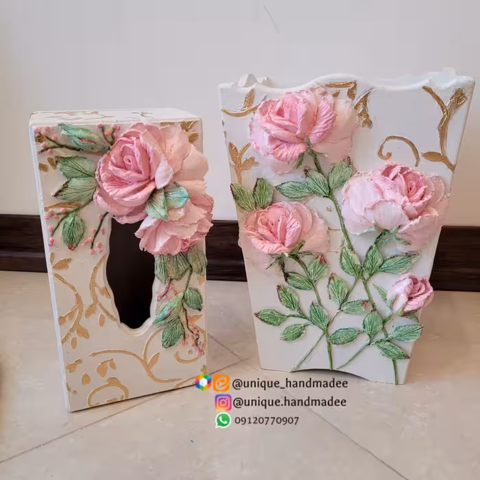 ست سطل و جادستمالی سفید صورتی گلدار برجسته مناسب جهیزیه 