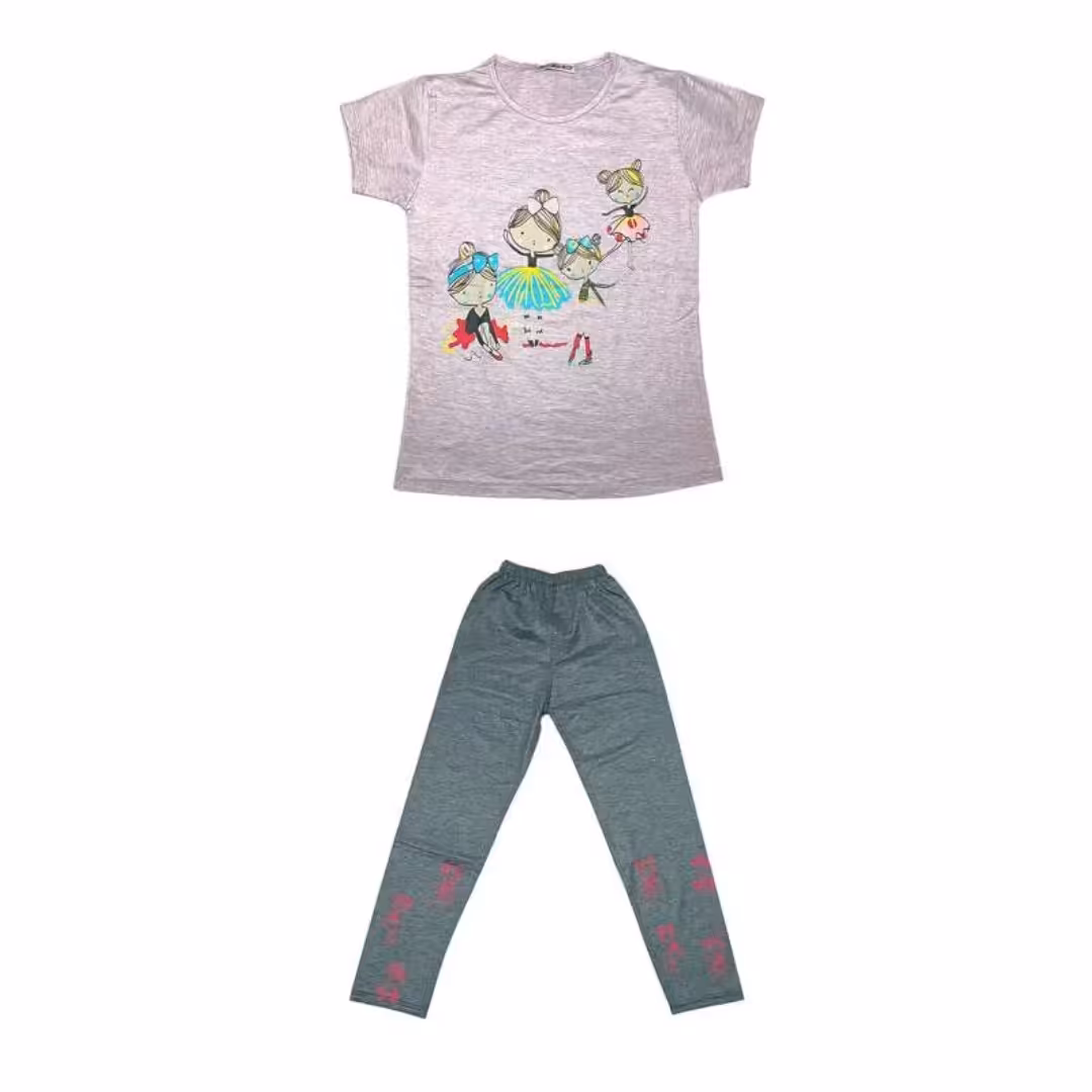 ست تی شرت و شلوار دخترانه ملانژ پنبه مدل دخترک کد 170 رنگ بنفش