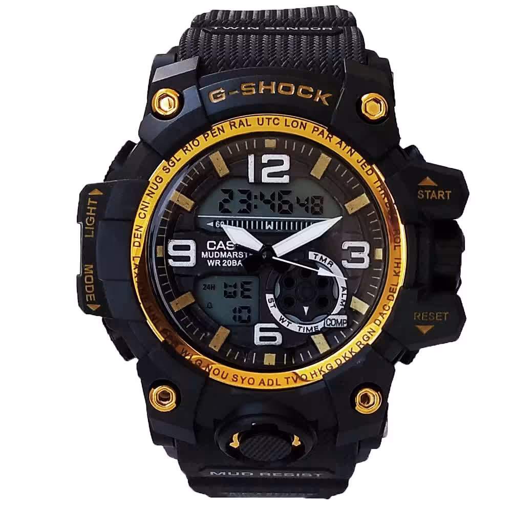 جی شاک مشکی طلایی جیشاک G-SHOCK ارسال رایگان ساعت اسپرت دوموتوره دوزمانه ضدآب SPORT 