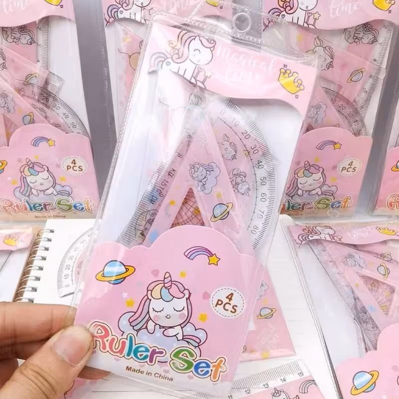 ست 4 عددی خط کش، گونیا، نقاله با کیف دکمه دار طرح یونیکورن