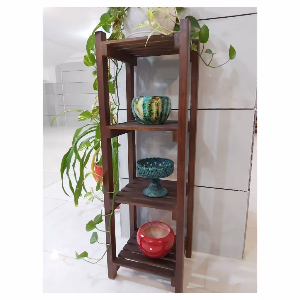استند گل و گلدان چوبی چهار طبقه چوب روس رنگ قهوه ای