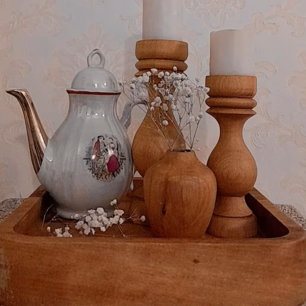 چوبی  دکوری ست کامل سینی چوبی شمعدان و گلدان چوبی دکوری بدون قوری