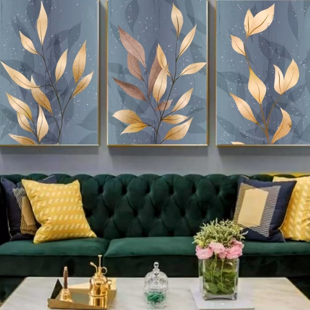تابلو دکوراتیو  برگ طلایی با زمینه خاکستری سه تکه سایز هر تکه60در40