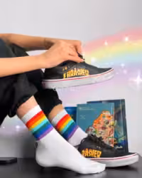 جوراب نمیساق نوار رنگین کمونی زمینه سفید نخ پنبه فری سایز