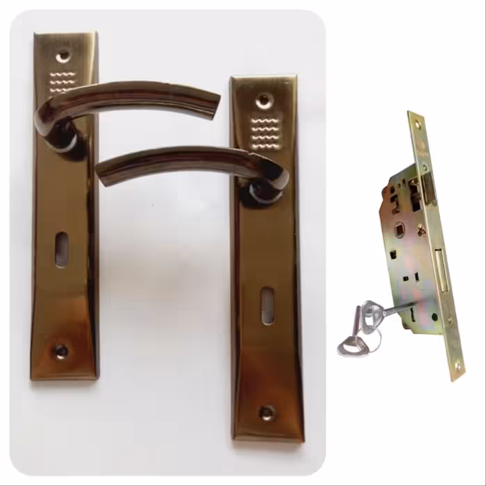 مجموعه کامل دستگیره زیتونی و قفل در چوبی کلیدی مخصوص اتاق خواب