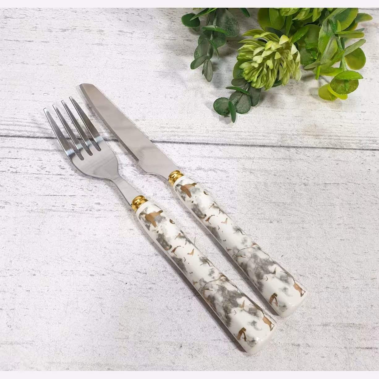 سرویس کارد و چنگال12عددی سرامیکی یونیک لایف6 عدد کارد و6عدد چنگال طرح ویژه ماربل طلایی، کارد و چنگال میوه خوری پس کرایه 