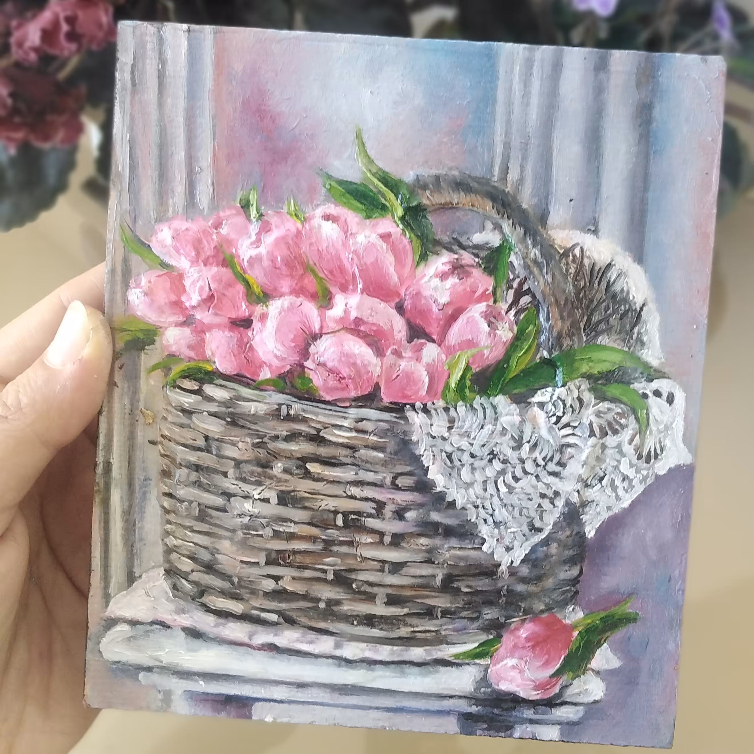 مینی تابلوی رنگ روغن با طرحی برجسته کار شده روی شاسی در اندازه 14در15سانتی متر 