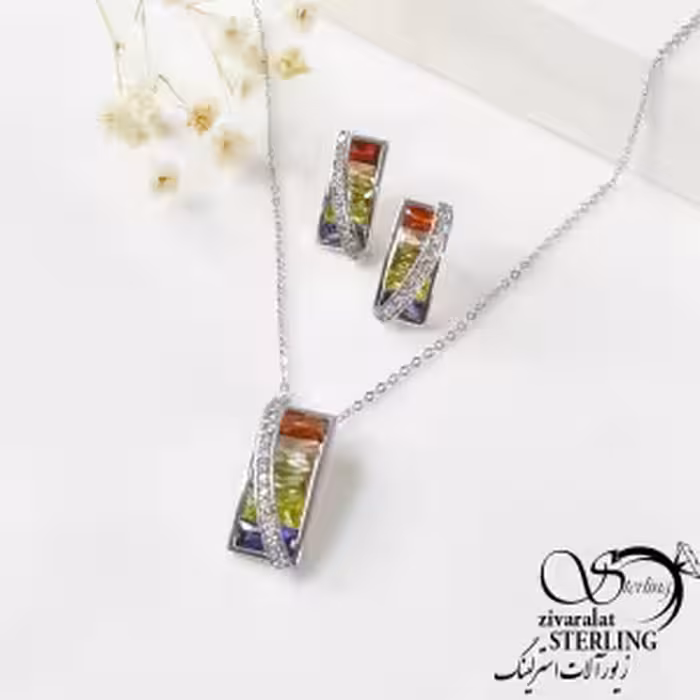 نیم ست نقره نگین رنگی کد 6833