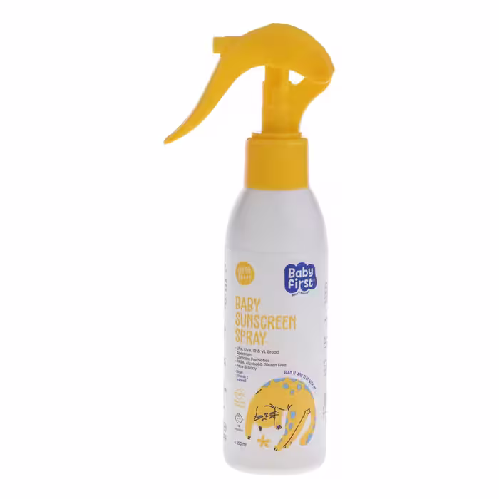 اسپری ضد آفتاب بدون رنگ بیبی فرست SPF 50 مدل پروبیوتیک محافظت کننده در برابر اشعه UVB,UVA با PA    مناسب پوست‌های معمولی حجم 150 میلی‌لیتر