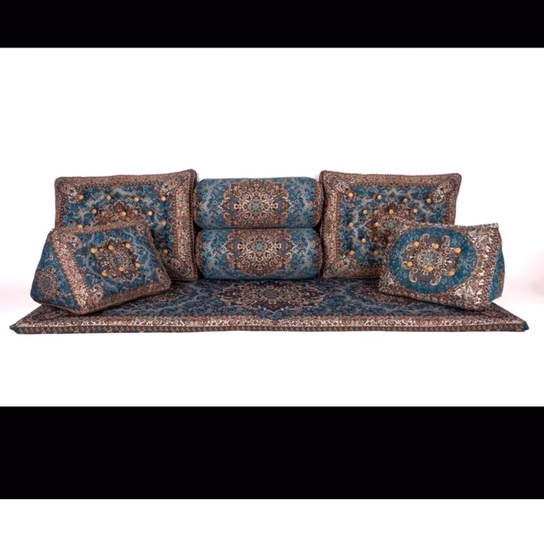 سرویس شاه نشین 7 تکه ترمه طرح میخک رنگ سبزآبی 