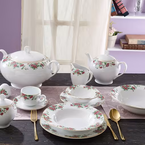 سرویس چینی زرین ایتالیا اف بیدگل 12 نفره 102 پارچه - گل سرخی