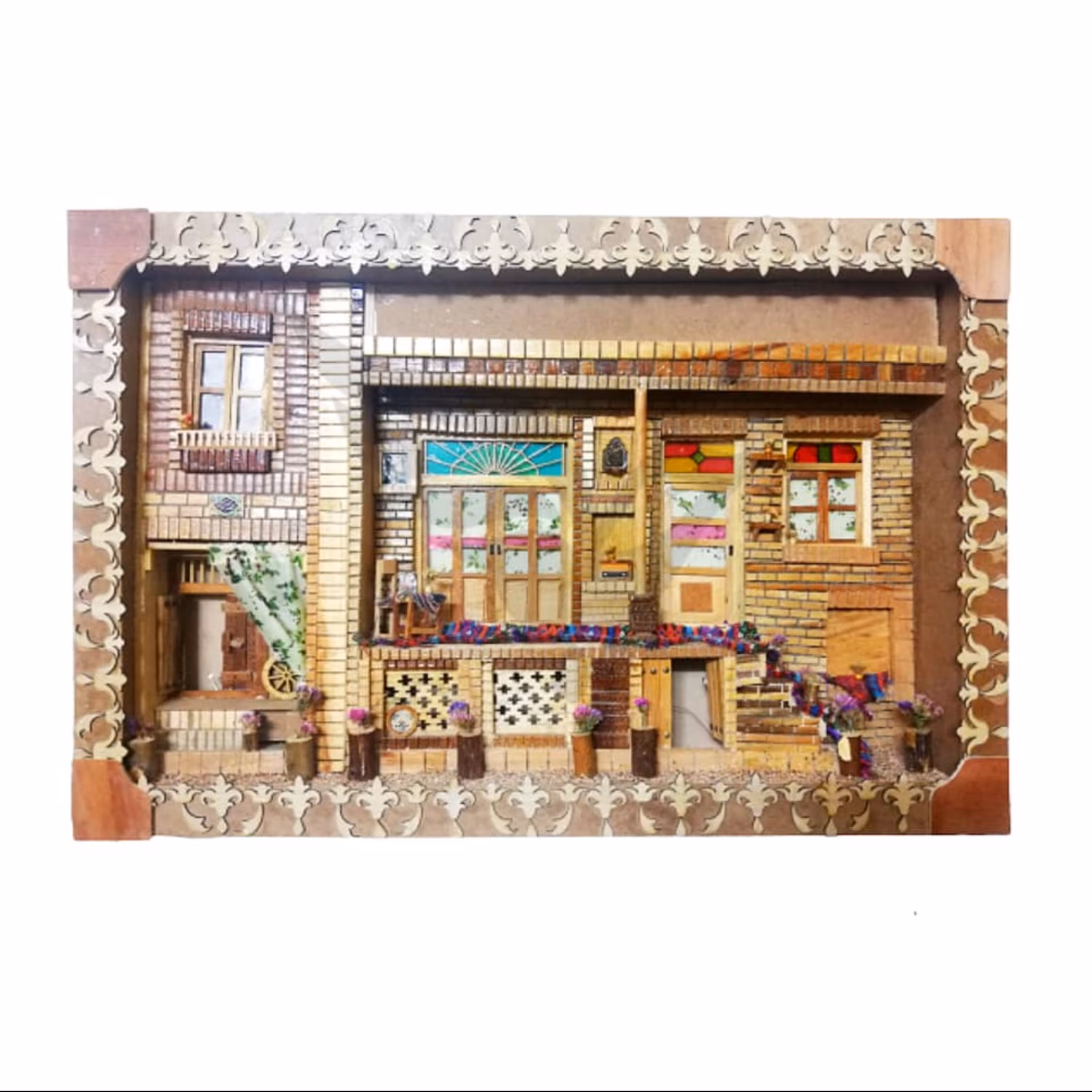 تابلو چوبی سنتی دکوراتیو سه بعدی مینیاتوری برجسته چراغ دار خانه اشرافی