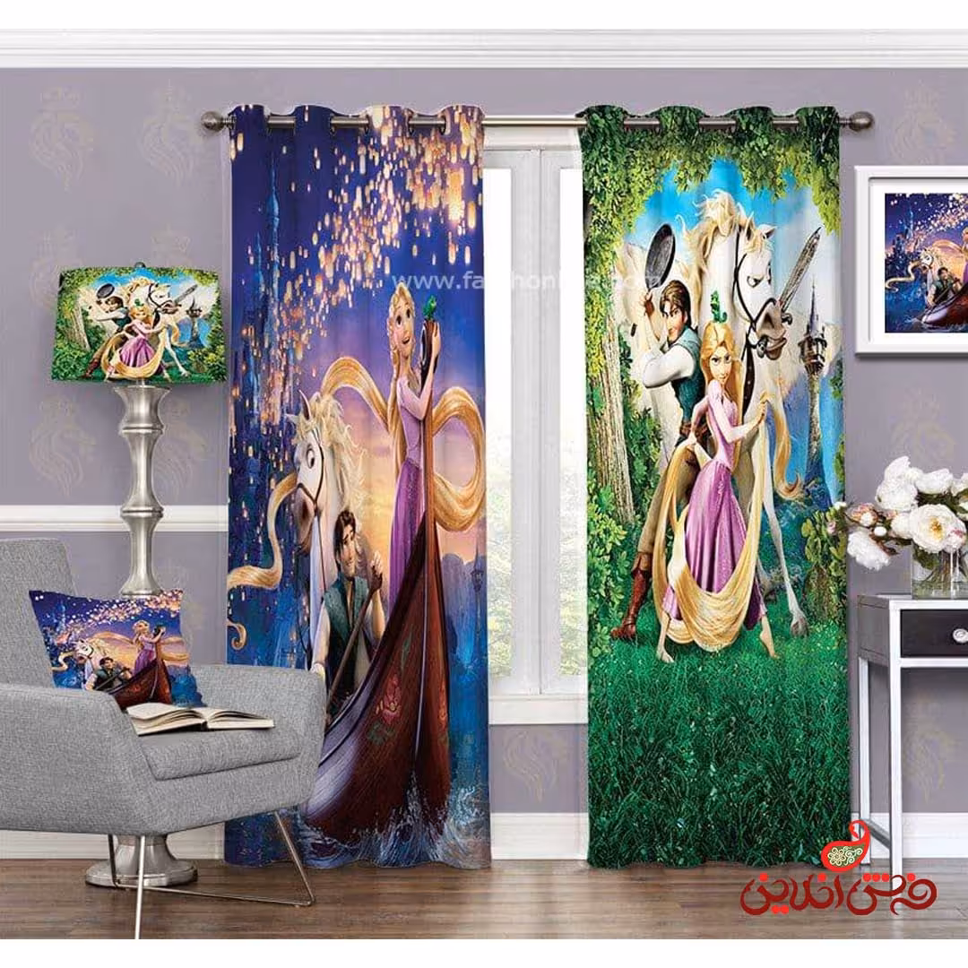 پرده 2عددی کودک طرح گیسو کمند(راپونزل) کد 3201