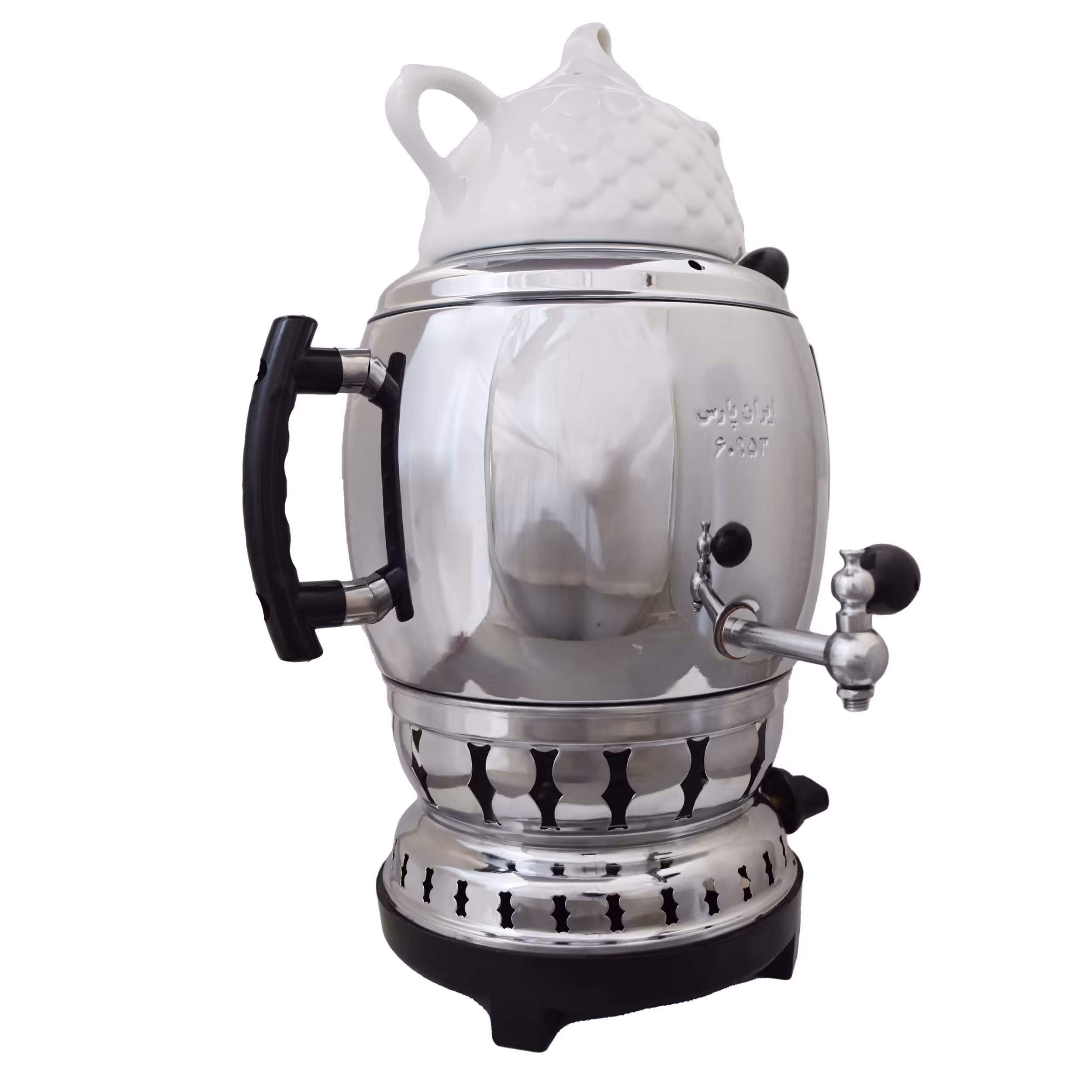 سماور گازی ایران پارس مدل بدون تنوره ظرفیت 6 لیتر به همراه قوری چینی برنجی  