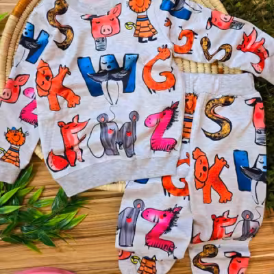 لباس بچگانه بلوز استین بلند و شلوار حروف حیوانات