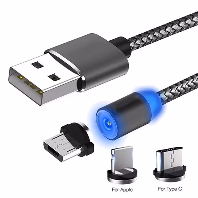 کابل شارژ مگنتی چراغ دار سه سر micro usb و Lightning و type c با کیفیت عالی