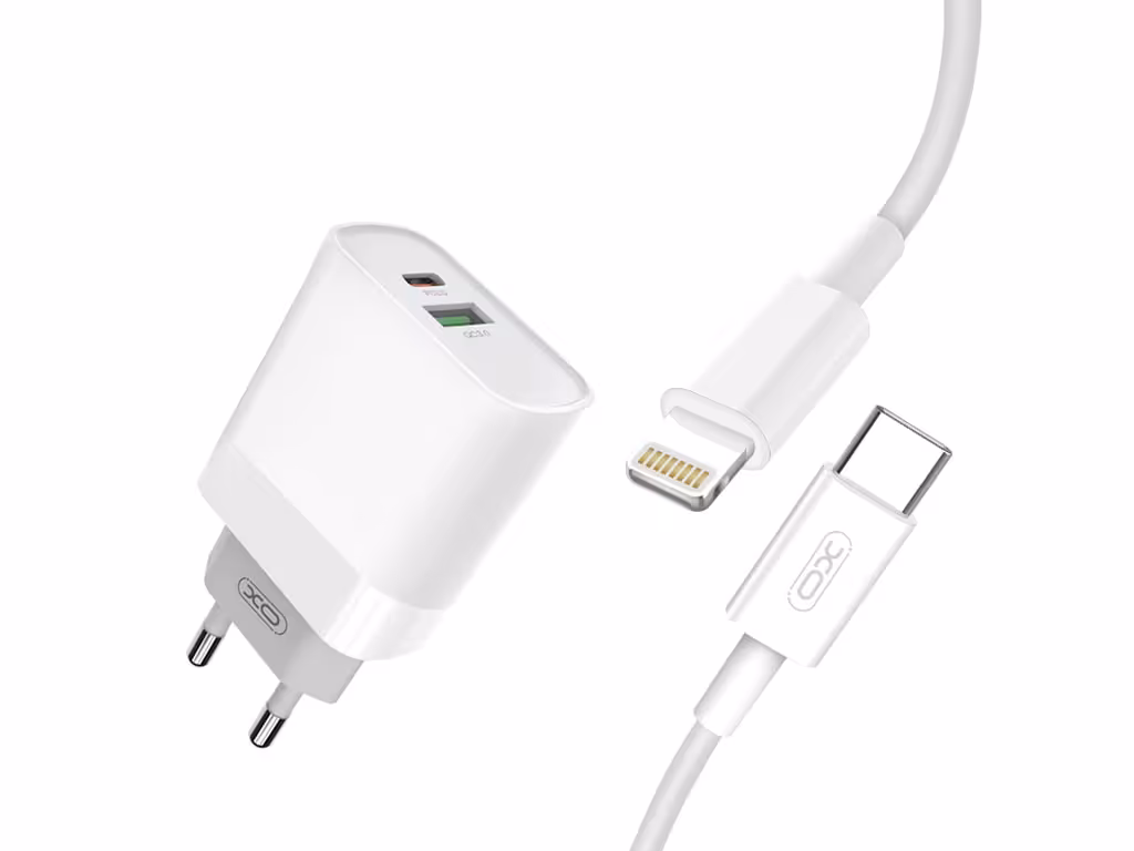 شارژر دیواری فست شارژ تایپ‌سی و یواس‎بی همراه کابل لایتنینگ ایکس‌او XO 18W FAST EU QC3.0 PD FAST charger with type-c fast cable iphon L64