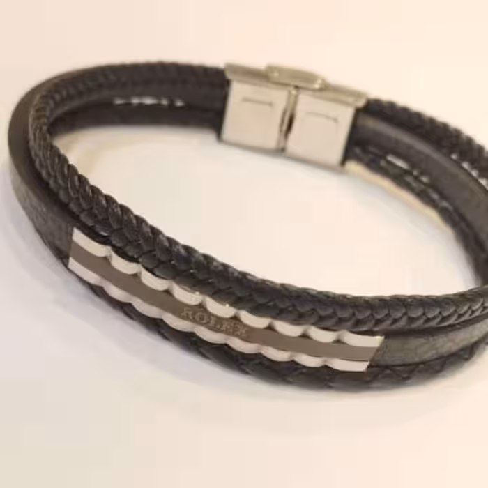 دستبند رولکس چرمی پلاک استیل در سه رنگ متنوع