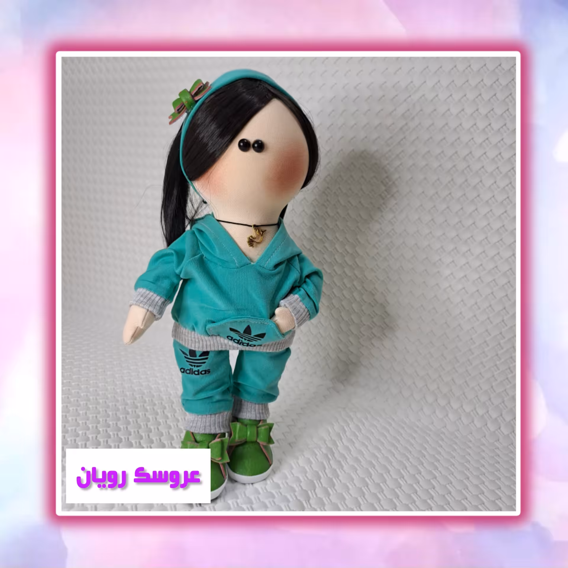 عروسک روسی دختر سبزرنگ سایز30سانت سرمتصل لباس قابل تعویض تمام مو